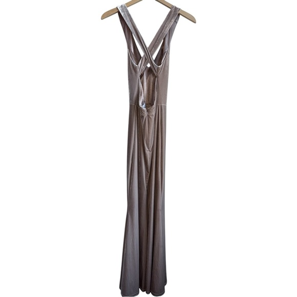 REVELRY Asher Velvet Dress in Champagne | Bridesmaid | Cross Straps Front Slit 4 - Picture 10 of 11